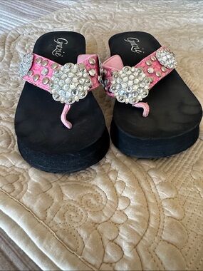 Grazie Pink Jeweled Platform Thong Sandals with Black Sole